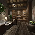 Warm Hotel Public Lounge With Wooden Floors Bookshelves Green Plants Round Decor And Stone Walls