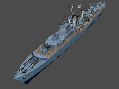 3D Model of Historical Warship Featuring Main Guns Gray Hull and Wooden Deck 3d model