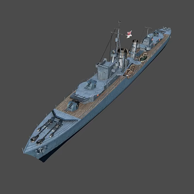 3D Model of Historical Warship Featuring Main Guns Gray Hull and Wooden Deck 3d model