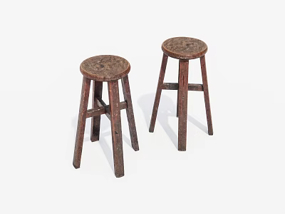 Two Vintage Wooden Stools With Round Top And Cross Legs Design 3d model