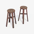 Two Vintage Wooden Stools With Round Top And Cross Legs Design
