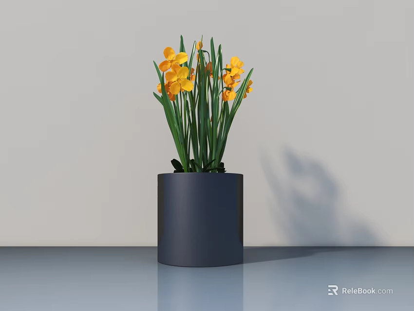 Minimalist Bonsai Plant in Black Cylindrical Pot with Yellow Flowers and Green Stems on Tabletop 3d model 