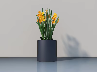 Minimalist Bonsai Plant in Black Cylindrical Pot with Yellow Flowers and Green Stems on Tabletop 3d model