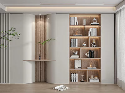 Modern Wooden Bookcase Interior Design With Multiple Shelves Books Decorative Ornaments 3d model