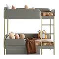 Stylish Soft Upholstered Children Bunk Bed With Golden Metal Frame Ladder And Bottom Storage Drawers