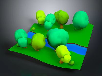 Colorful Green And Yellow Trees In 3D Scenic Grassland With Stream 3d model