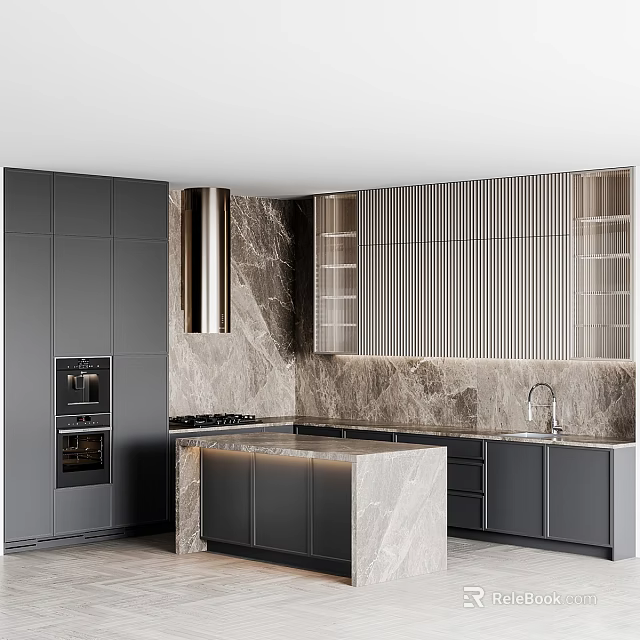 Modern Gray Kitchen Interior With Marble Countertop Island And Built in Appliances 3d model 