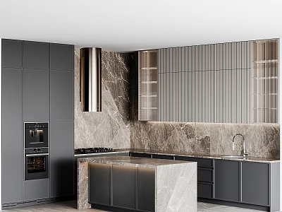 Modern Gray Kitchen Interior With Marble Countertop Island And Built in Appliances 3d model