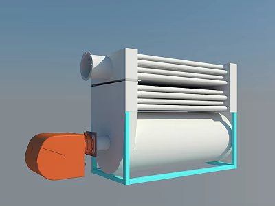 Industrial Equipment With Orange Component White Main Body Radiator Style Fins Cylindrical Section And Blue Supporting Frame 3d model