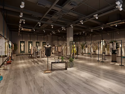 Modern Clothing Store Interior With Hanging Clothes Racks Display Tables And Lighting 3d model