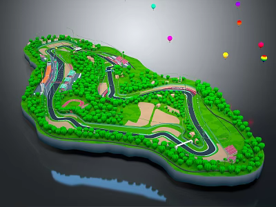 3D Green Landscape Model With Winding Roads Trees Small Facilities And Colorful Dots 3d model