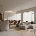 Warm Minimalist Open Concept Living And Dining Room Interior Design With Stone Kitchen Island