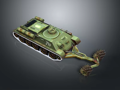 Green Armored Military Tank With Number 270 And Mine Clearing Device 3d model