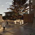 Modern Garden Landscape With Illuminated Stone Wall Archway Tree Pathway And Building