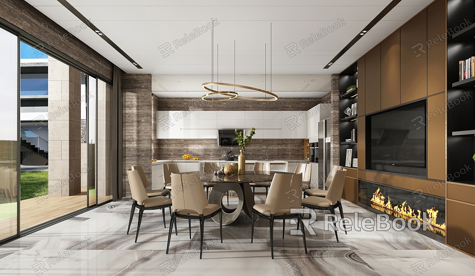 Modern Restaurant Kitchen Dining Table and Chair Chandelier Cabinet Kitchenware model