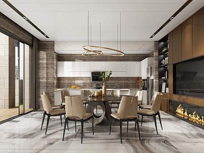 Modern Restaurant Kitchen Dining Table and Chair Chandelier Cabinet Kitchenware model