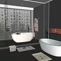 White Freestanding Bathtub In Modern Bathroom With Black Marble Walls And Wooden Ladder