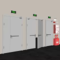 Building Corridor With Emergency Exit Signs Three Doors And Fire Extinguisher Cabinet