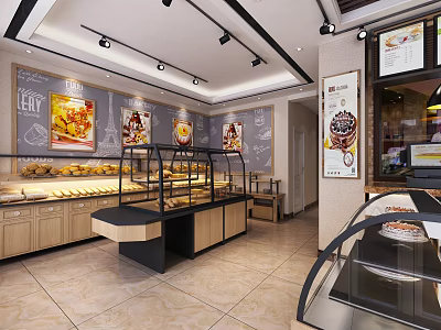 Bright Dessert Shop Interior With Glass Display Cases Fresh Bread And Pastries Wall Art 3d model