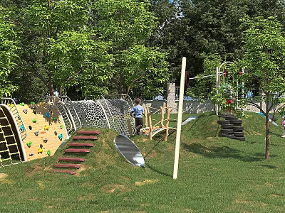 Kindergarten Outdoor Playground With Climbing Frame Slide Grass Lawn And Trees 3d model