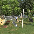 Kindergarten Outdoor Playground With Climbing Frame Slide Grass Lawn And Trees