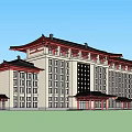 Traditional Chinese Style Hotel Building With Red Decorations And Multi Story Structure