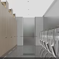 Modern Public Restroom Interior With Wooden Stalls Urinals And Gray Floor