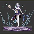 Game Character with White Hair Purple Blue Outfit Magic Book Glowing Effects Purple Magic Circle