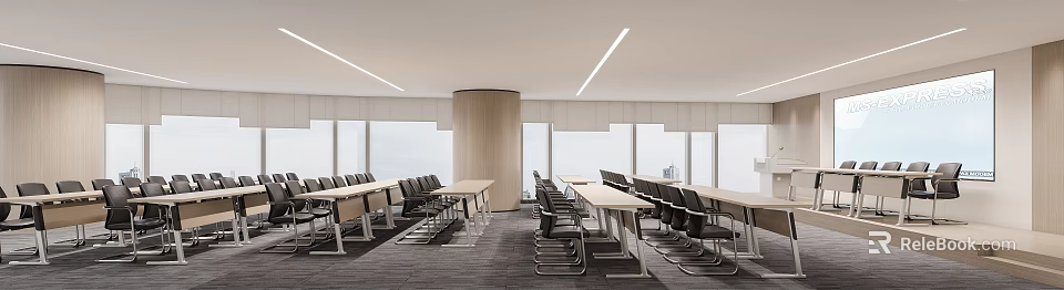 Modern Conference Room Interior With Long Tables Chairs Large Windows And Ceiling Lights 3d model 