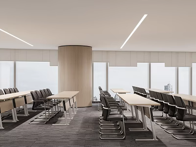 Modern Conference Room Interior With Long Tables Chairs Large Windows And Ceiling Lights 3d model
