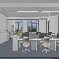 Modern Public Office Space with Large Windows Office Desks Computers Green Plants and Ergonomic Chairs