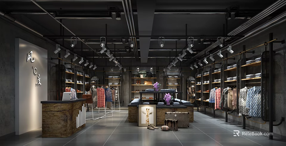 Modern Clothing Store Interior Featuring Shelves Hanging Apparel And Lighting Fixtures 3d model 