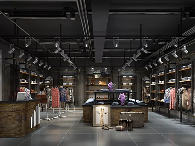 Modern Clothing Store Interior Featuring Shelves Hanging Apparel And Lighting Fixtures 3d model