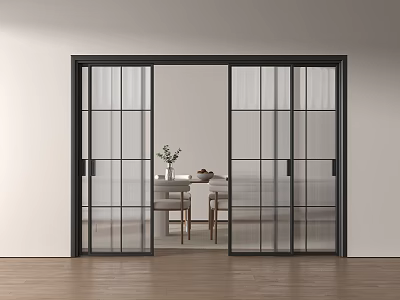 Modern Black Framed Sliding Glass Doors Open To Dining Space With Table Chairs And Plant 3d model