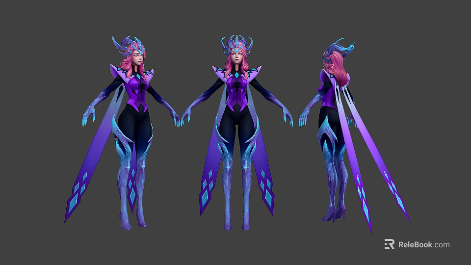 Fantasy Woman With Pink Hair Purple And Blue Outfit And Decorative Wings In Character Design 3d model 