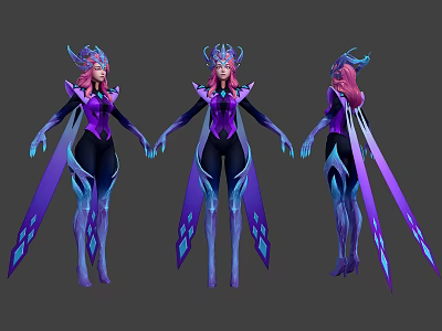 Fantasy Woman With Pink Hair Purple And Blue Outfit And Decorative Wings In Character Design 3d model
