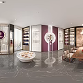 Elegant Front Desk Reception Interior With Purple Walls Curved Design Decorative Plant And Marble Floor
