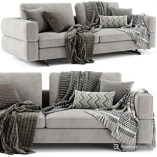 Modern Gray Two-Seater Sofa With Checkered Chevron Pillows And Knitted Blankets 3d model 