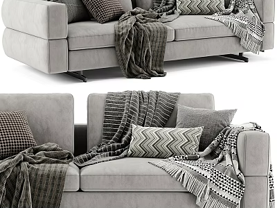 Modern Gray Two-Seater Sofa With Checkered Chevron Pillows And Knitted Blankets 3d model