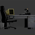Black Wheeled Office Chair With Old Wooden Desk Yellow Monitor And Table Lamp