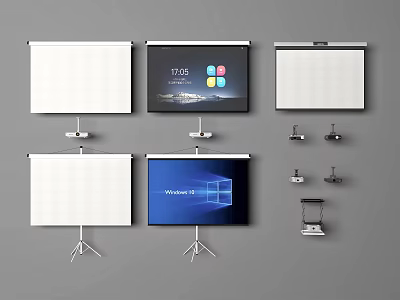Projection Monitoring Setup With Wall Mounted And Tripod Projection Screens And Accessories 3d model