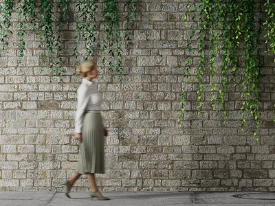 Natural Stone Wall with Hanging Green Vines and Woman Walking Alongside 3d model