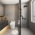 Modern Gray Bathroom Interior With Mirror Cabinet Vanity Shower Area Blinds And Lighting