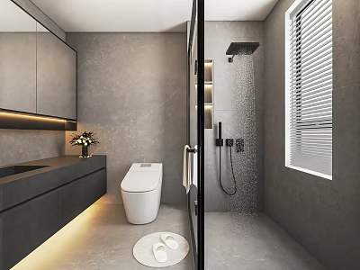 Modern Gray Bathroom Interior With Mirror Cabinet Vanity Shower Area Blinds And Lighting 3d model