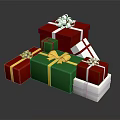 Colorful Gift Boxes In Red Green White With Gold Ribbons And Silver Bows