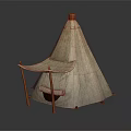 Natural Canvas Tepee Tent With Wooden Poles And Side Awning Design