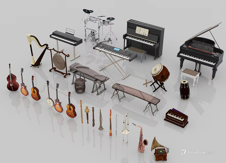 Assorted Musical Instruments and Art Supplies Collection with Pianos Guitars and Wind Instruments 3d model 
