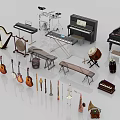 Assorted Musical Instruments and Art Supplies Collection with Pianos Guitars and Wind Instruments