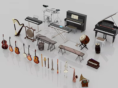 Assorted Musical Instruments and Art Supplies Collection with Pianos Guitars and Wind Instruments 3d model