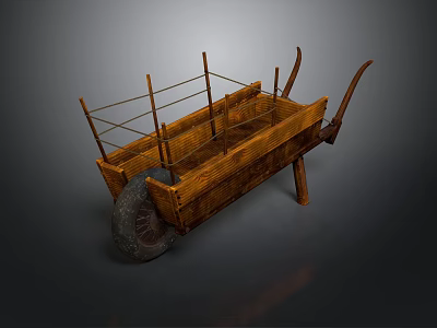 Traditional Wooden Hand Cart With Metal Frame And Large Wheel Design 3d model